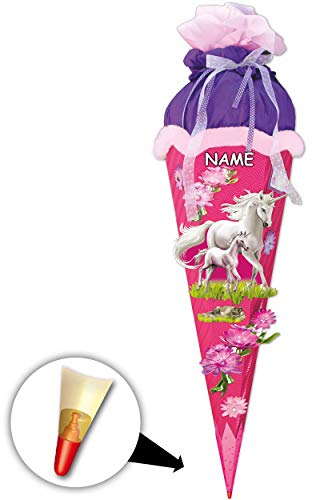 BASTELSET Schultüte - Einhorn mit Fohlen 85 cm - incl. Namen - mit Holzspitze - Zuckertüte Roth ALLE Größen - 6 eckig Pferd Pferde Einhörner rosa