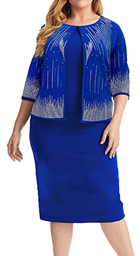 Élégante robe deux pièces à col rond et manches 3/4 pour femme, bleu, 5XL
