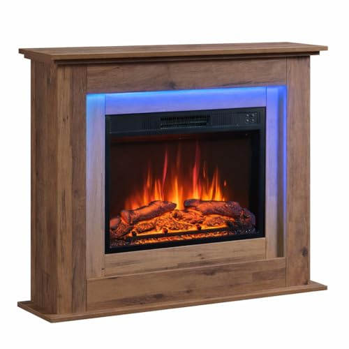 Flameko 39 Inch Electric Fire And Surround, Freestanding Fireplace Suite In Dark Bronx Oak, LED Electric Fire Place With Remote, 900W-1800W Heater, Thermostat Control And Cool Touch Glass