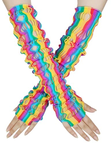 1 Paar Lange Regenbogen Netzhandschuhe,Damen Fingerlose Handschuhe Party Kostüm Handschuhe Netz Mesh Abendhandschuhe für Halloween Party Maskerade Kostüm Cosplay