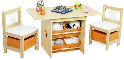Yorbay Tavolo per Bambini con 2 Sedie, Tavolino con 6 Scatole Portaoggetti, Set di Sedie per Cameretta dei Bambini in età Prescolare, Mobili (Naturale)