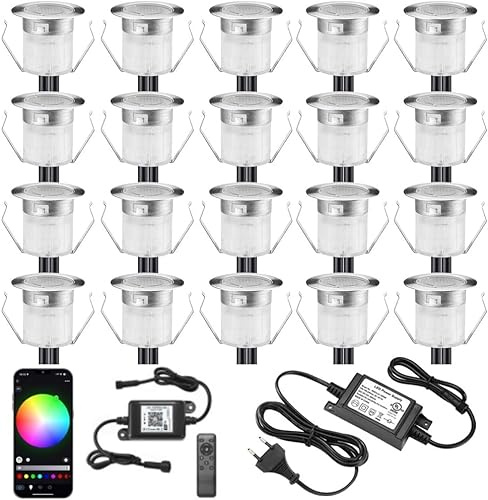 INDARUN 20er Set RGB WiFi LED Bodeneinbauleuchten Aussen Ø30mm Terrasse Einbaustrahler IP67 Wasserdicht Boden Licht Led Terrassenbeleuchtung für Küche Garten Treppen