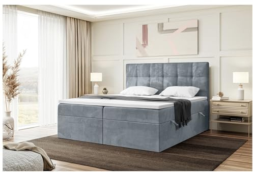 MEBLINI Boxspringbett mit Bettkasten - 160x200 - Gepolstert Doppelbett mit Matratze und Topper - Polsterbett mit Stauraum - Bett mit Kopfteil - Kai - H3/Grau Samt