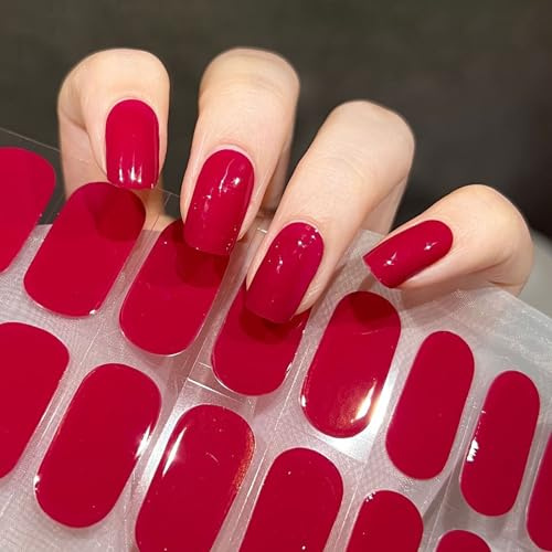 Ceboic Halbgehärtete UV Gel Strips, 22 Stück Nagelfolie Selbstklebend French Gel Nagellack Aufkleber, Salonqualität Gel-Nagelfolien UV Härtend für Damen Mädchen Weihnachten Nagelkunst Dekoration (Rot)