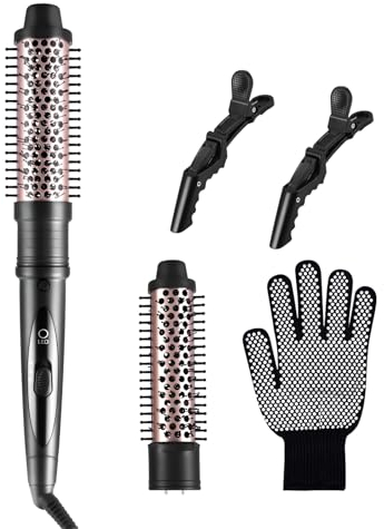 CkeyiN Thermal Hot Brush Set, 2 in 1 Ceramic Tourmaline Ionic Curling Iron, 2 Interchangeable Brushes for Short, Medium & Long Hair, Dual Voltage