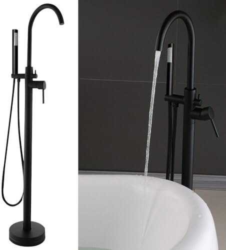 PUDLOR Freistehende Badewannenarmatur, Schwarze Badezimmerarmatur, 360° schwenkbare Badezimmerarmatur, bodenstehende Badewannenarmatur, vertikale Wasserfall-Badewannenarmatur mit Handbrause