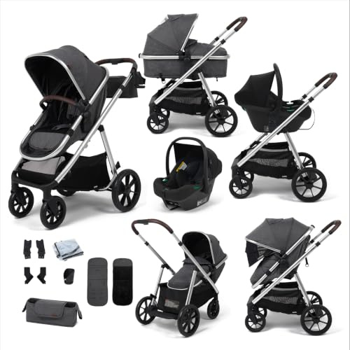 Babylo Zap Travel System with i-Size Infant Carrier, Ride-on Board, Organiser and Cup Holder, from Birth up to 22 kg, Silver/Grey