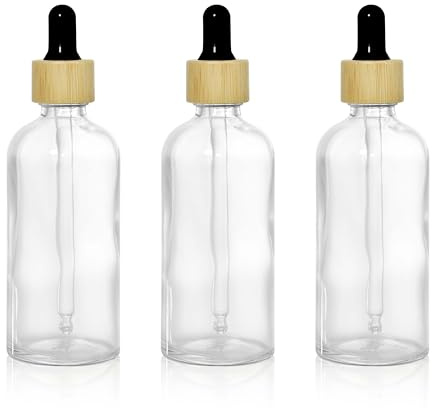 COSIDEA 3 st tomma 100 ml / 3 oz genomskinliga droppflaskor i glas bambu droppare för oljor eterisk olja flaska reseserum behållare