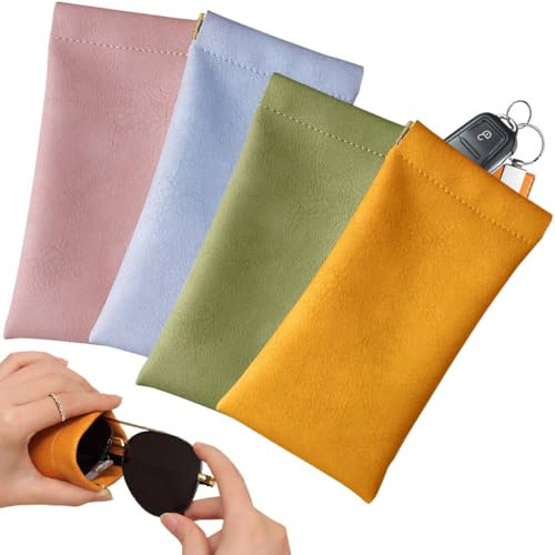 HZYIQ 4 Stück Brillenetui Weich, PU Leder Schmal Mit Schnappverschluss, Sonnenbrille Etui Lesebrille Beutel, Tragbar Brillentasche Flach Für Damen Herren