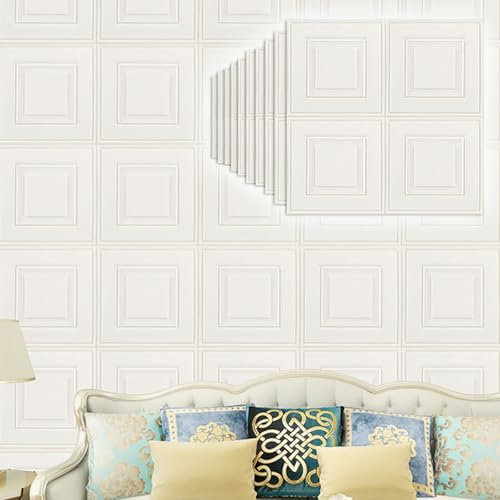Tarwanear 10PCS 3D Wall Panels Self Adhesive Peel and Stick 70cmx70cm Decorative Wall Ceiling Tiles Masonry Effect Waterproof Foam Faux Brick for Bedroom Living Room Kitchen Laundry,White