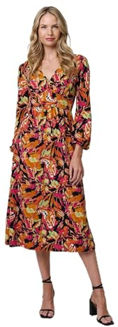 Izabel London Tropical Floral Print Long Sleeve Midi Dress for Women UK with a v-Neck and an Empire Waist.