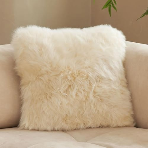 HC&WT 100% Wolle Wurfkissen Mit Kern, Dicke Plüsch Abnehmbare Abdeckung Luxus Natürliches Schaffell Kissenbezüge Fellleder Kissen (Cream,50x50cm(19.6x19.6inch))
