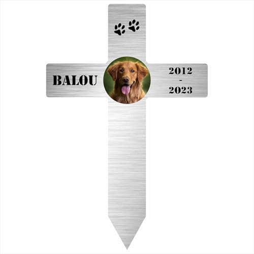 INDIGOS UG - Grabschmuck Hund - 90 cm - Kreuz Edelstahllook - wetterfester Gedenkpfahl als Grabstecker - Text und Datum - individuell Schilder selbst gestalten mit Wunschname & Datum