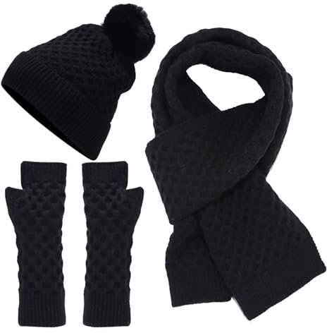 Mütze Handschuhe Set Damen Kaschmir Haube Mit Bommel Kuschelig Pudelmütze Flauschig Handschuhe Fleece Gefüttert Schaal Gestrickte Elegant Mütze Strickhandschuhe Warme Loop Schal 3 In 1 Warmes Set