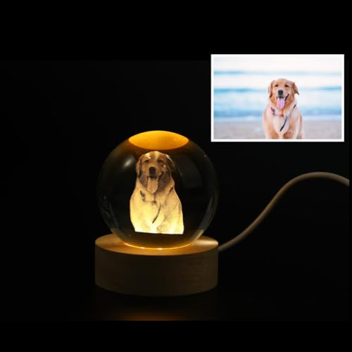 2D Custom Pet Crystal Photo Crystal Ball Personalized Customized Gifts with Lighted Base Laser Engraved Glass Ball with Your Own Photo Customized Anniversary Birthday Gifts