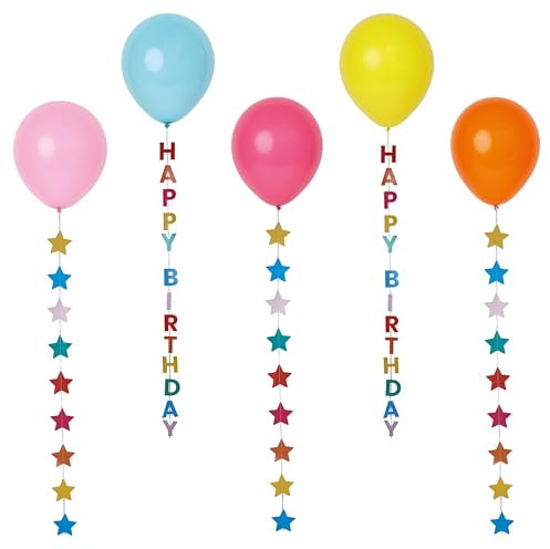 Talking Tables 5 x Colourful Balloons with Star Ribbon for Kids Parties Birthday Decorations with 1 Metre Hanging String Party Balloons in Yellow Pink Blue Orange Pastel Birthday Table Decor, 30cm
