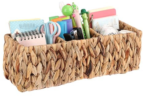 SUMNACON Rattankorb aus Naturliche Wasserhyazinthe,Handgewebtes Regalkorb mit 3 Fächern,Geteilte Aufbewahrungskorb für Fernbedienung Handy Büroutensilien im Büro Wohn,Bade,Schlafzimmer 32x11x10cm