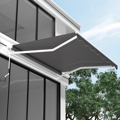 Store Banne Manuel 4x3M, Auvent Réglable Aluminium, Store avec Manivelle à Bras Articulés, Anti-UV, Résistant au Vent, Inclinaison réglable, Facile à Installer, pour Terrasse et Balcon, Gris Foncé