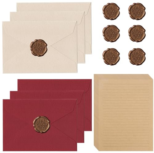 22 Stück Briefpapier Vintage Papier, Set mit 6 Leinenumschlag Umschläge und Wachssiegel 10 A5 Briefpapier Vintage Papier, Kraftpapier Umschläge für Geburtstag, Hochzeits Einladung Grußkarten