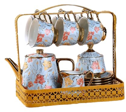 22 Pcs Ceramic Tea Cup Set, European Ceramic Tea Set for Afternoon Tea, with Metal Holder and 6 Tea Cups, 220 ml Tea Cup, 1100 ml Porcelain Tea Pot Set for Party, Women,Coffee, Flower Tea