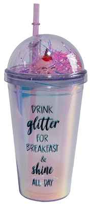 Trinkbecher GLOSSY mit Deckel und Halm. Wiederverwendbarer Becher. Doppelwandig. Shake. Auslaufsicherer Schraubdeckel. Schaker. Minelralwasser-, Frucht-, Saftbecher. Geschenkidee für Kinder.