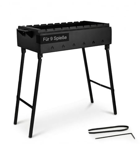 Mangal Klappbar Holzkohlegrill für 9 Spieße 2 mm Stahl 60x33 cm Schaschlik Grill Shashlychnik BBQ Klappgrill Ideal für Garten, Camping & Picknick