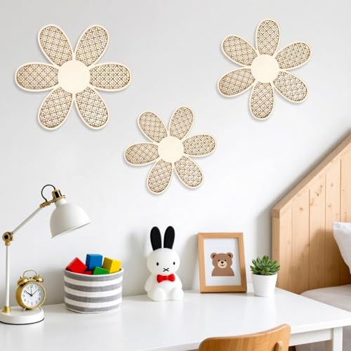 WRENYZK 3pcs Natürliche Rattan Blumen Wanddekoration hochwertige filigrane Wandkunst vintage dekorative Wandhänger aus Holz handgefertigt mit realistischen Formen