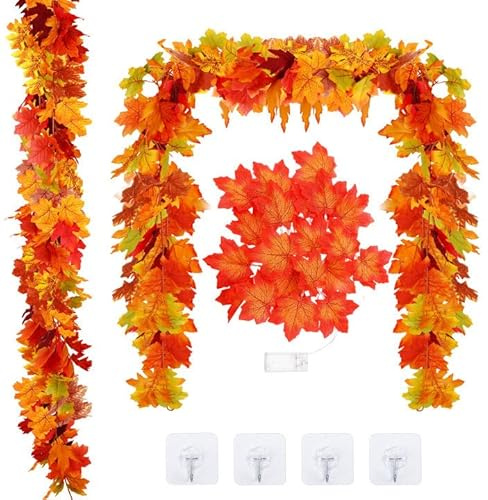 BOARDFEB 3 Guirlandes de Feuilles D'érable Artificielles, 175cm Guirlande Automne Guirlande de Feuilles d'Erable Automne Decoration Déco pour Thanksgiving Halloween Cheminée Décoration avec 4 Crochets