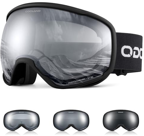 Odoland Gafas de Esquí Fotocromáticas para Días Soleados y Nublados Antiempañamiento Protección UV Gafas de Snowboard para Hombres Mujeres Adultos Jóvenes Esquí Snowboard, Negro