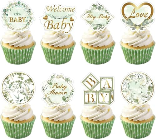 VGRDTW 48 Pcs Baby Shower Cupcake Toppers, 6 Designs Green Leaf Cake Decorations with Woodland Jungle Theme, Sage Green Party Cake Toppers & Cupcake Picks for Boy Girl Birthday