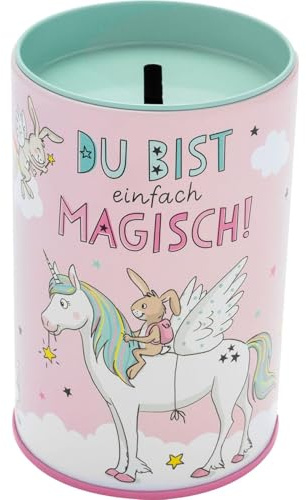 GRUSS & CO Spardose Motiv Einhorn | Metall-Dose mit Geldschlitz Oben, Höhe 9 cm, Durchmesser 6 cm | Geschenk zum Schulstart, Schultüte | 74245
