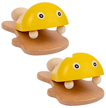 2 Stück Hölzerne Fisch Kastagnetten für Kinder Gelb | Pädagogisches Klapperspielzeug, Holz, Fischform, Geeignet für Kleine Hände, Lernspielzeug