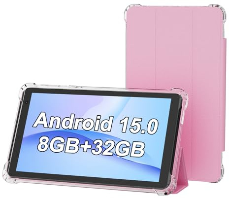 PEICHENG Tablet con custodia protettiva, 7 pollici IPS 1024 * 600 Android 15.0 Tab PC RAM 8GB (3+5Expand)+ROM 32GB Bluetooth 5.0 WiFi6 2.4G+5G 2MP+5MP doppia fotocamera (rosa)