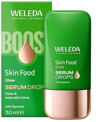 WELEDA Skin Food Glow Serum Drops 30ml Süßholz Pigmentflecken vegan Bio | Naturkosmetik Booster Drops lichtreflektierende Pigmente strahlender Teint Bio-zertifiziert gegen Pigmentflecken Glow Serum
