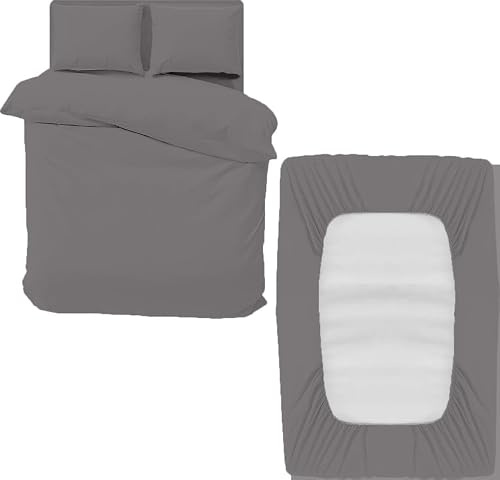 DTEX HOMES 3 Piece Microfiber Duvet Cover Sets - Single Duvet Cover Set Includes 1 Duvet Cover, 1 Fitted Sheet and 1 Pillowcase, Ideal Bed Sets for a Cozy and Comfortable Sleep (Single-Grey)