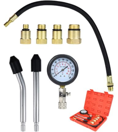 GARVALON Probador de Compresión de Automóviles y Motocicletas Manómetro de Presión de Cilindros Multifuncional Kit con Adaptadores Compatibles Manómetro 0-300 Psi 0-20 Bar Color Rojo