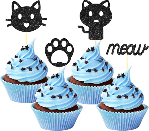 Sotpot Cat Cupcake Toppers Glitter Black 24 Pack Cat Face Cake Decorations for Cat Theme Birthday Party Supplies