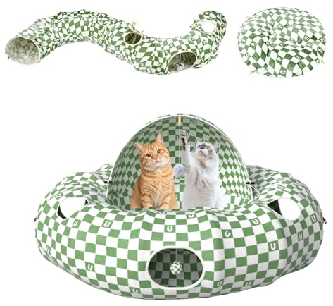 Katzentunnel für große Katzen mit Schlafplatz, grün | Donut Katzenbett aus Plüsch, Runder Katzentunnel mit Pompons, Interaktives Katzenspielzeug, Für Indoor