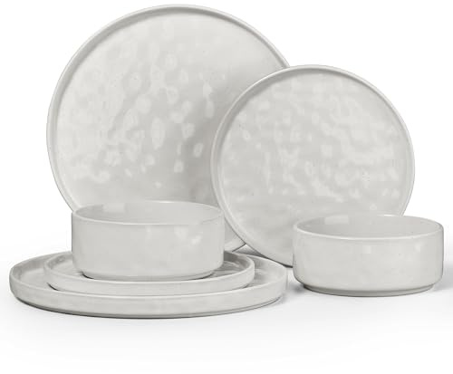 Herogo Reactive Glaze Stoneware Dinner Set for 2 People, Speckled White | 6 Piece Elegant Dinnerware Plates and Bowls for Home Dining Party, Microwave and Dishwasher Safe, Chip and Scratch Resistant