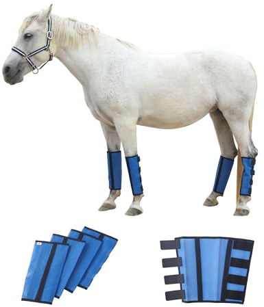 Gallopoff Lot de 4 Guêtres Anti-Mouches Chevaux, Coupe Ample, Bleu M | Éviter de Taper du Pied, Légères, Maille Respirante, Fixation par velcro, antidérapant, Pour Paturage, écurie