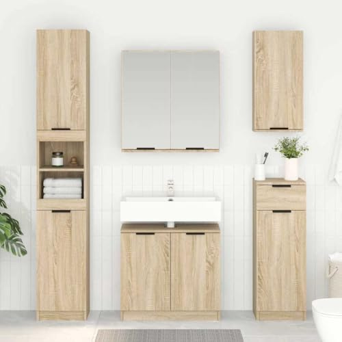 Ezbryzmatic Sonoma Oak Bathroom Cabinet, 64.5 x 33.5 x 59 cm, Modern Bathroom Cabinet with 2 Doors, Chipboard, Bathroom Furniture for Storage Space, Durable Vanity Unit Design with Mirror