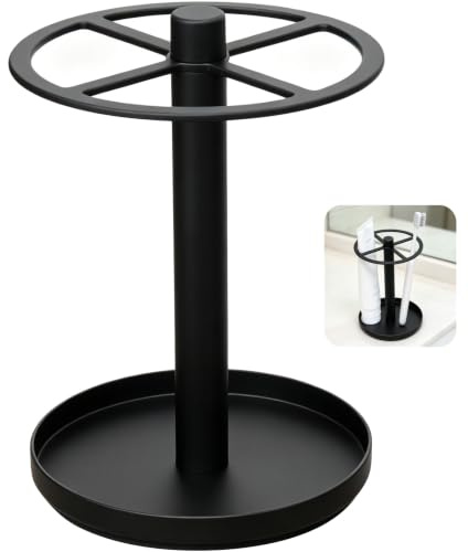 Soporte para Cepillo de Dientes y Pasta Dentífrica, Portacepillos Baño Acero Inoxidable Negro, Organizador Cepillos sobre Encimera Sin Taladrar, Base 10,5cm Alto 15cm