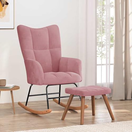 Faucqir gungstol med pall i sammet rosa relaxstol vardagsrum fåtölj svängstol amningsstol för terrass balkong trädgård hus lägenhet med robust stålram och bekväm stoppning