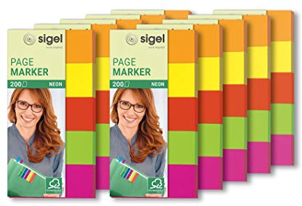 SIGEL Mini Haftmarker Neon Papier 10er Pack 200 Streifen | HN655/10, 10 Packungen mit je 200 Streifen in 5 Farben