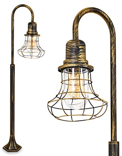 Lámpara de exterior Borkan, lámpara de pie de aspecto antiguo, aluminio fundido en negro/oro con cristales, luz de camino 125,5 cm, lámpara de jardín retro/vintage, E27, IP44, sin bombilla(s)