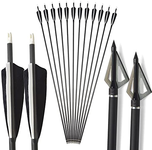 MILAEM 34 Carbon Pfeil Spine 500 Bogenpfeile Jagdpfeile Naturfeder mit 100 Korn Pfeilspitze austauschbarer Kohlenstoffpfeile für Recurve Bogen Compound Bogen Bogenschießen Jagd