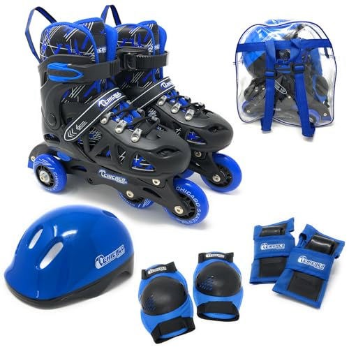 Chicago Inline Training Roller Skates with Protective Gear for Kids – Durable, Top Performance Roller Blades - Wrist Guards, Kneepads & Backpack– Padded High-Top Boots,64mm Wheels - Indoor/Outdoor Use