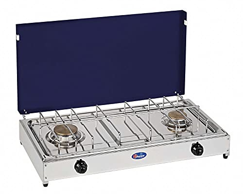 Réchaud de table Parker gaz GPL (bouteilles de gaz) 2 feux avec plateau en acier inoxydable couvercle bleu cadre gris 5522 GBm