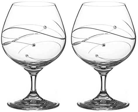 DIAMANTE Swarovski Brandy Cognac Liqueur Glasses Pair - 'Spiral' Hand Cut Design Embellished with Swarovski Crystals