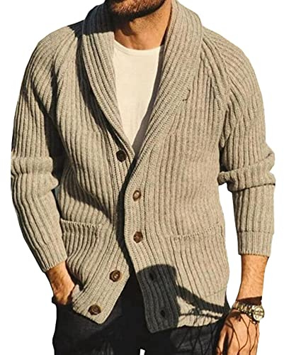 Cárdigan de Punto Hombre Suéter Grueso con Botones Chaqueta de Punto con Cuello de Chal Cálido Manga Larga Prendas de Punto Abrigo de Suéter de Punto Invierno Rebecas Hombre Casual Jersey Caqui XXL